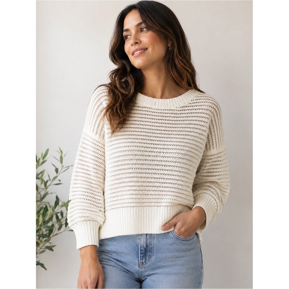 White + Warren Sweater Womens Small White Open Knit Cropped Cotton Coolmax Boho